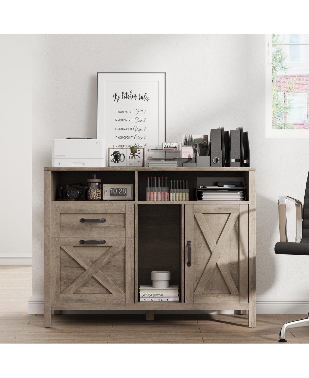 Vabches 37.4-in Farmhouse 2-Drawer Lateral File Cabinet with Storage Cabinet and Adjustable Hanging Rail - Gray