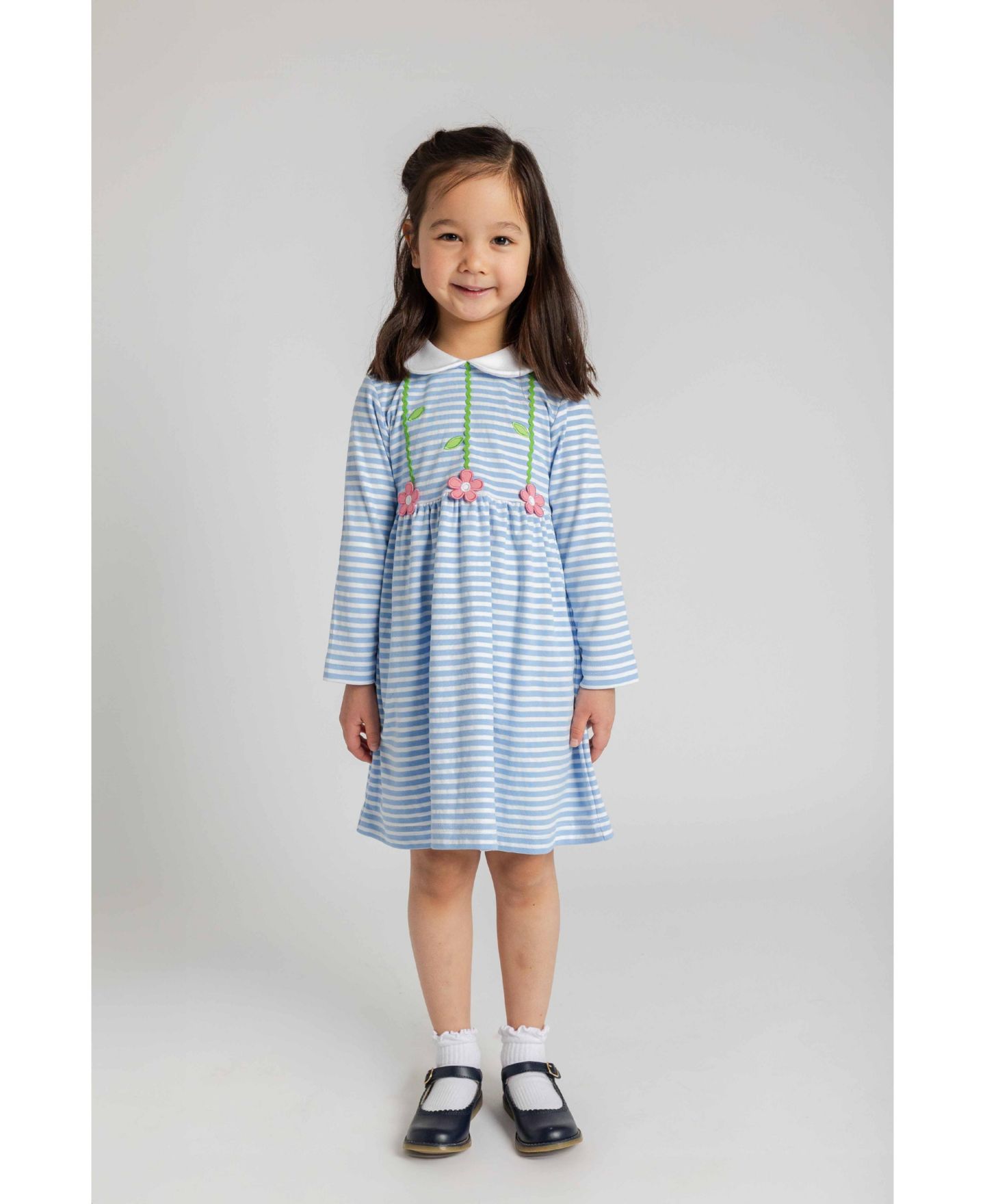 Платье Florence Eiseman Long-Sleeve Peter Pan Collar Dress для девочек-малышей, цвет: Синий / Белый — фото 4