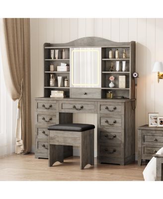 47" Makeup Vanity Desk with LED Lighted Mirror, 10 Drawers, Storage Shelves, Built-in Power strip and Cushioned Storage Stool
