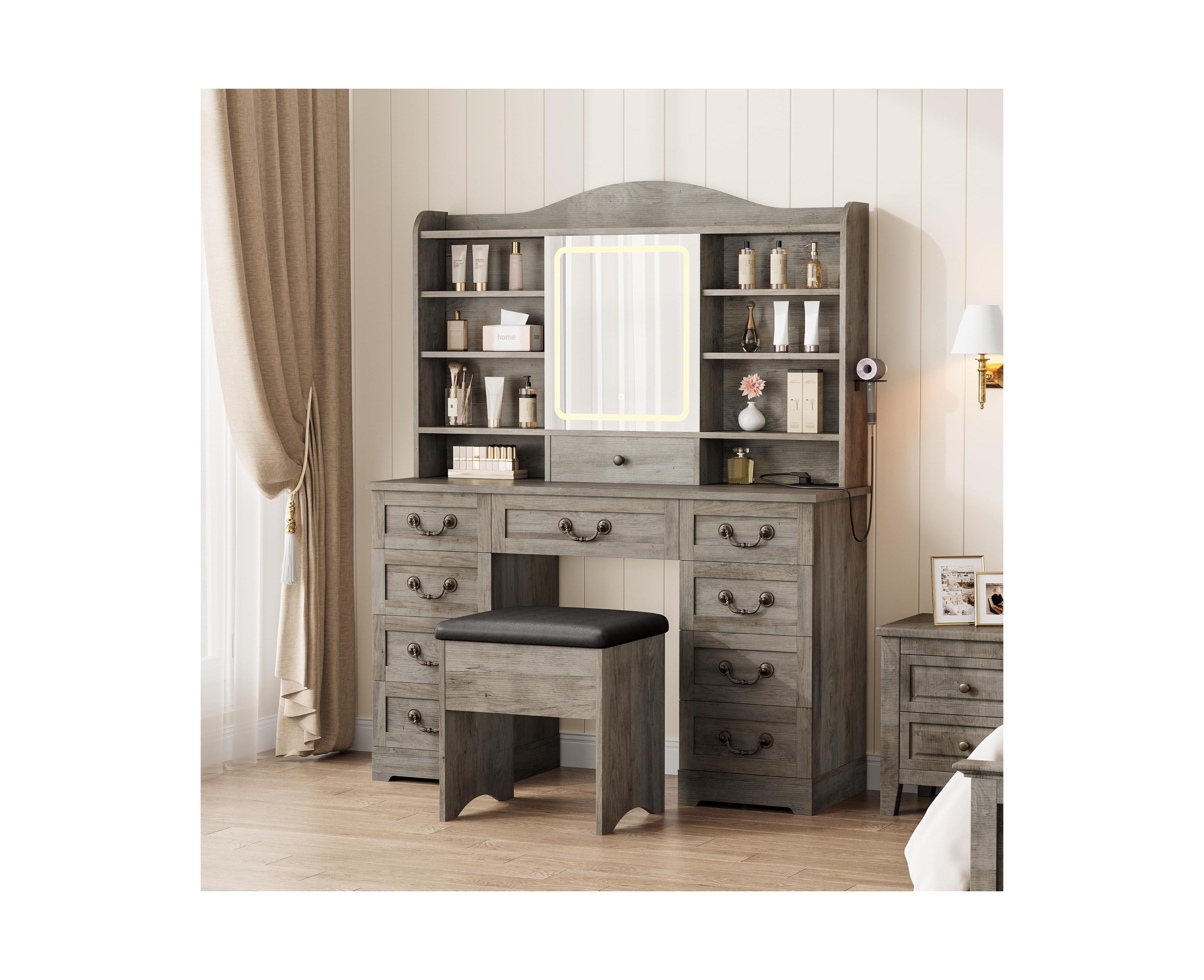gaomon 47" Makeup Vanity Desk with Led Lighted Mirror, 10 Drawers, Storage Shelves, Built-in Power strip and Cushioned Storage Stool