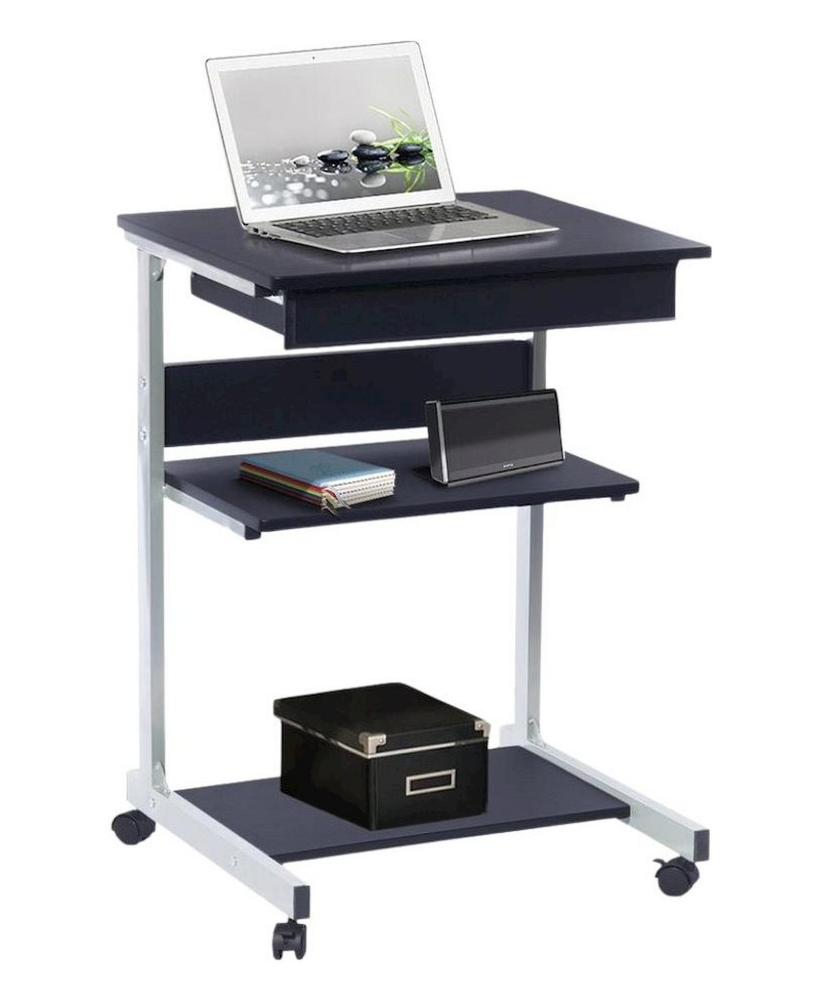 FurniFact - Computer Cart With Storage Drawer, Dual Shelves And Metal Frame - Gray