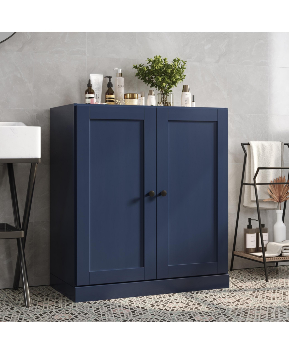 Palace Imports Solid Wood Freestanding Bathroom Linen Cabinet with Shaker Doors, Adjustable Shelves - Navy blue