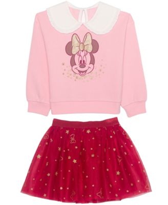 Girls' 2T-6X Minnie Mouse Long-Sleeve Ruffle-Collar Glitter-Graphic Top and Skirt, 2-Piece Set