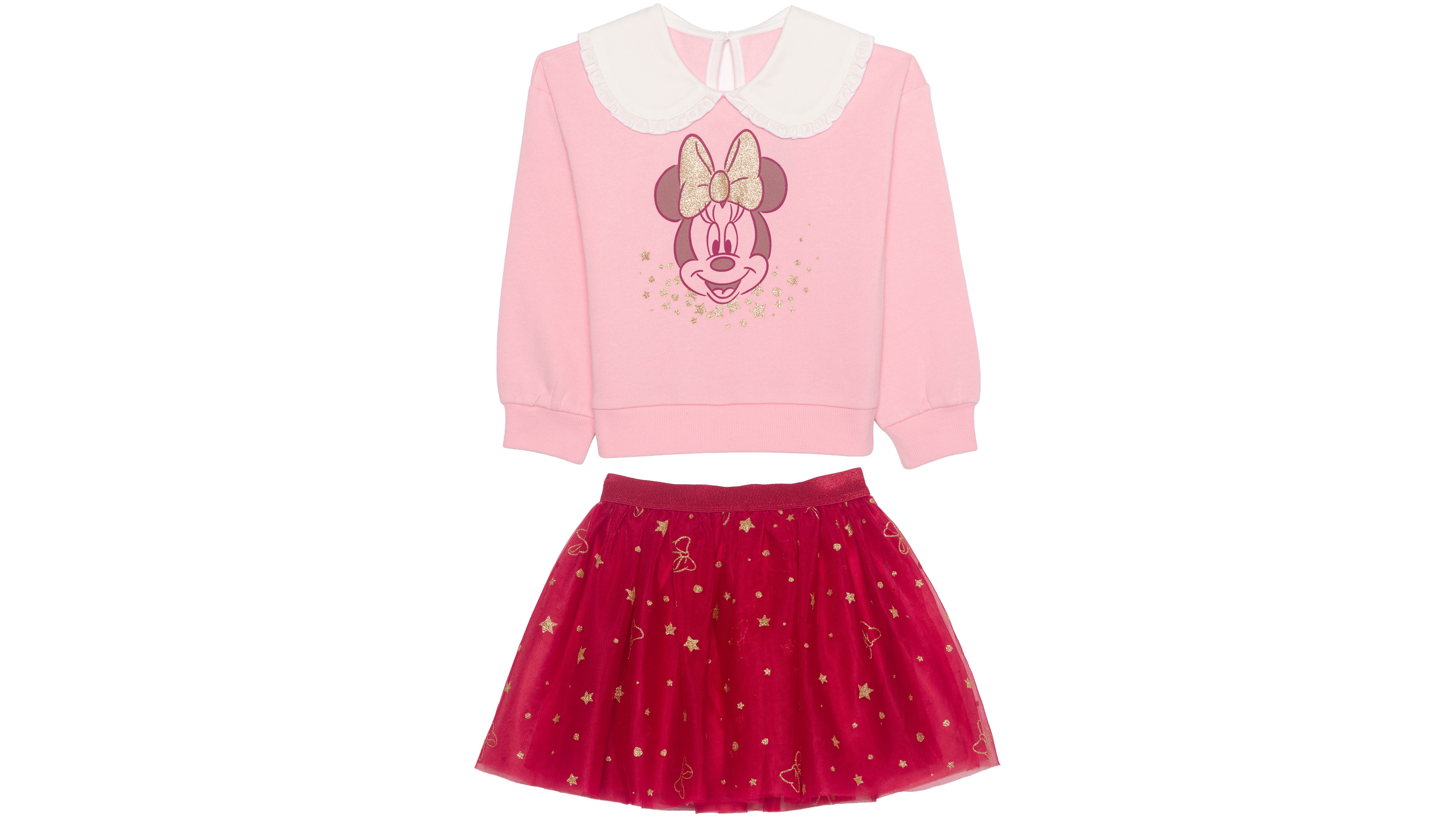 Disney Girls' 2T-6X Minnie Mouse Long-Sleeve Ruffle-Collar Glitter-Graphic Top and Skirt, 2-Piece Set, Created for Macy's