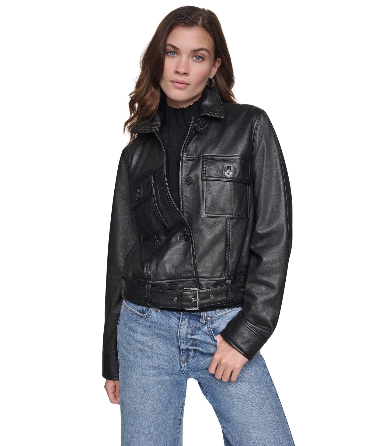 Dkny Jeans Women's Collared Cropped Leather Jacket JDJ6 - Black