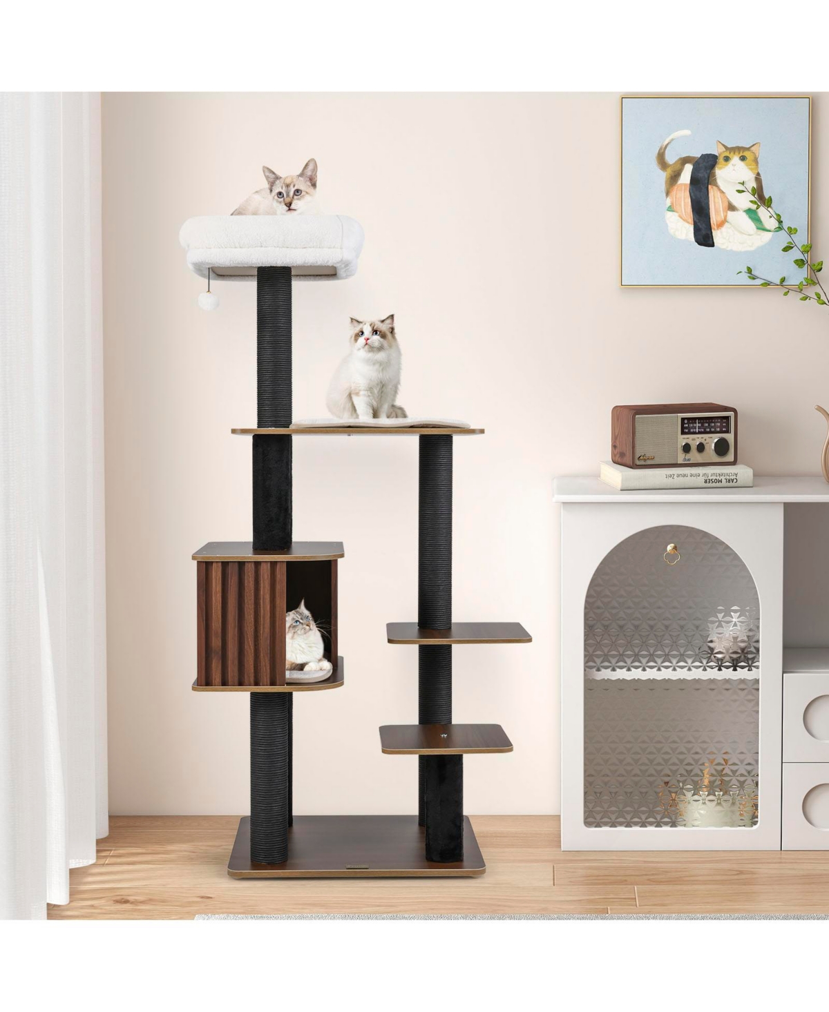 Zeny 59.5in Cat Tree with Cushion Top Perch and Fence Condo
