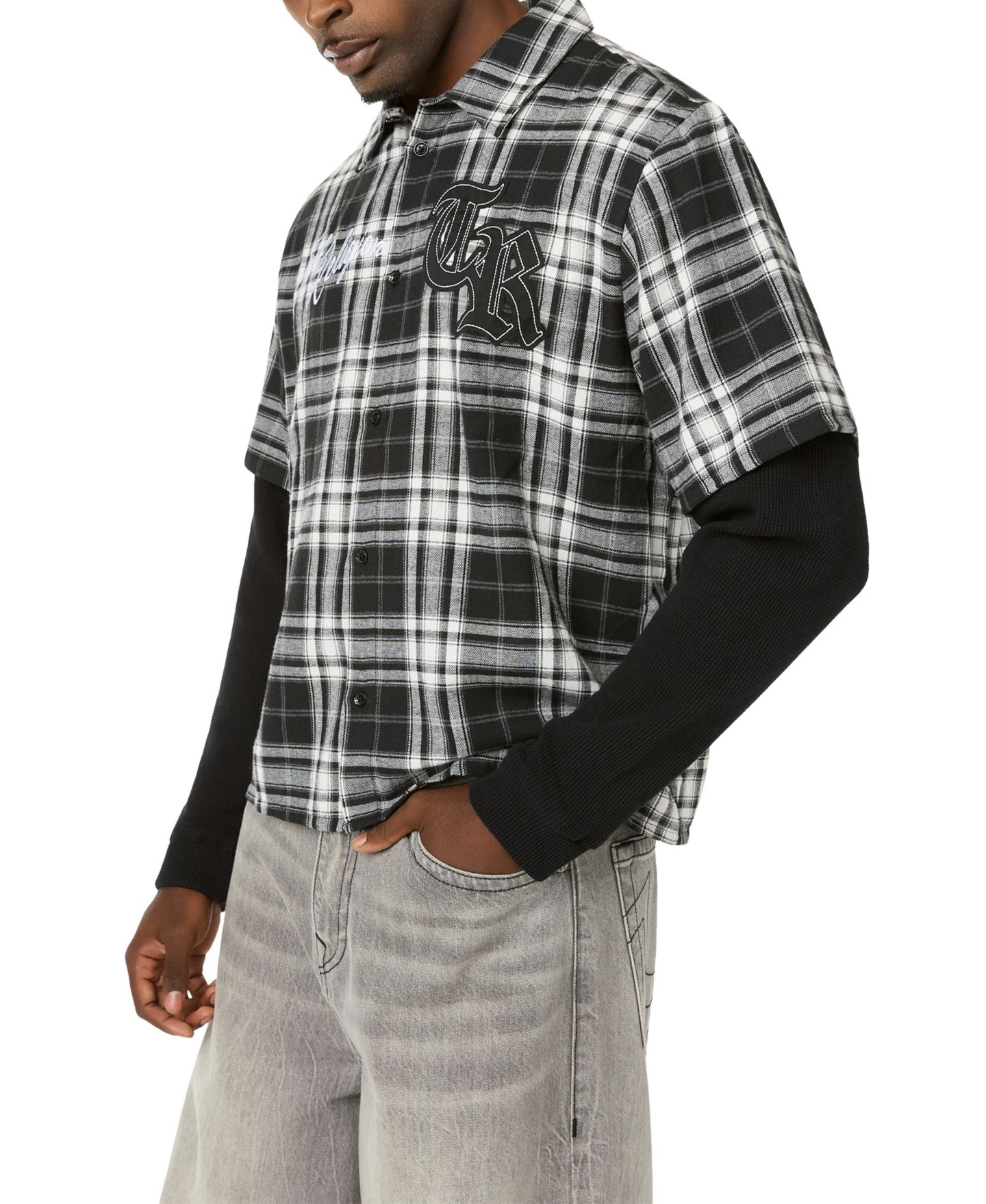 Мужская рубашка True Religion Flannel Waffle-Knit Regular-Fit, цвет: Белый / Чёрный клетчатый — фото 2