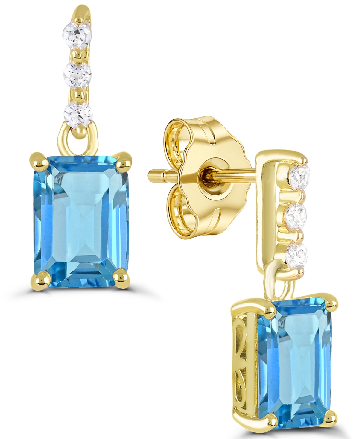 Macy's Swiss Blue Topaz Post Back Earrings (1-7/8 ct. t.w.) with White Topaz in 14k Gold-Plated Sterling Silver - Blue