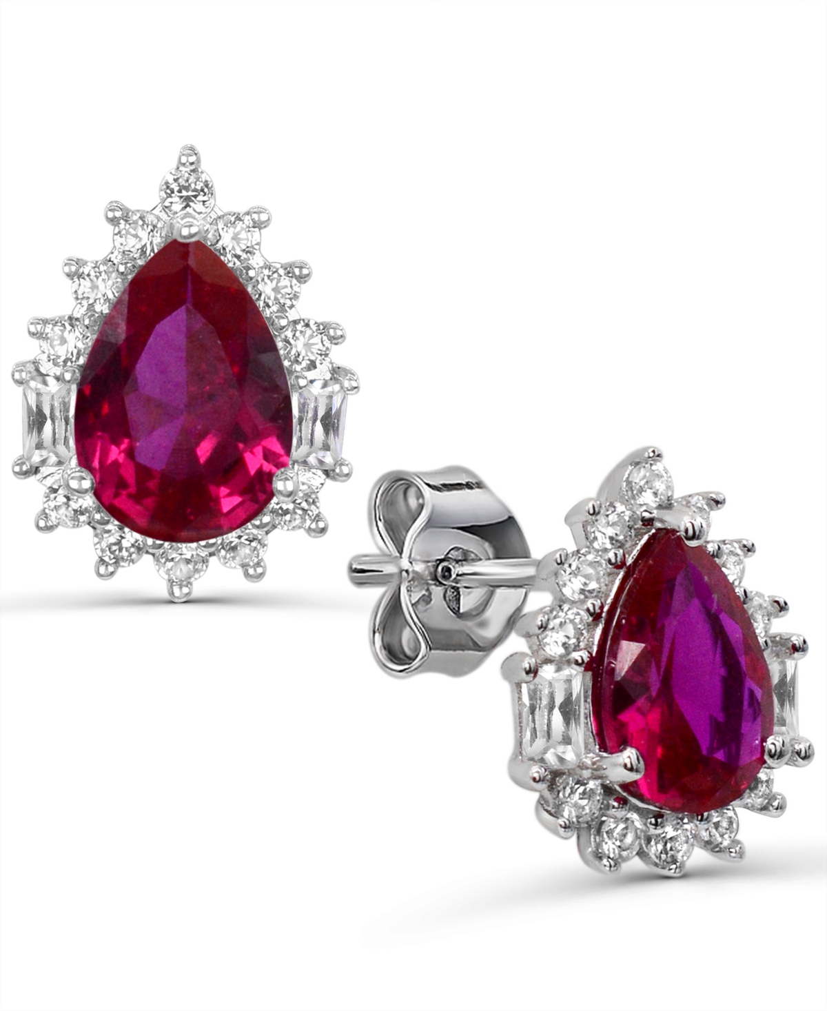 Macy's Lab-Grown Ruby and Lab-Grown White Sapphire Stud Earrings (1-1/4 ct. t.w. Ruby, 1/2 ct. t.w. White Sapphire) in 14k Sterling Silver - Red