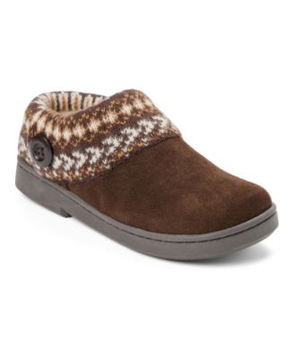 Women's Suede Clog With Fair Isle Sweater Knit Cuff and Wood Button Slippers