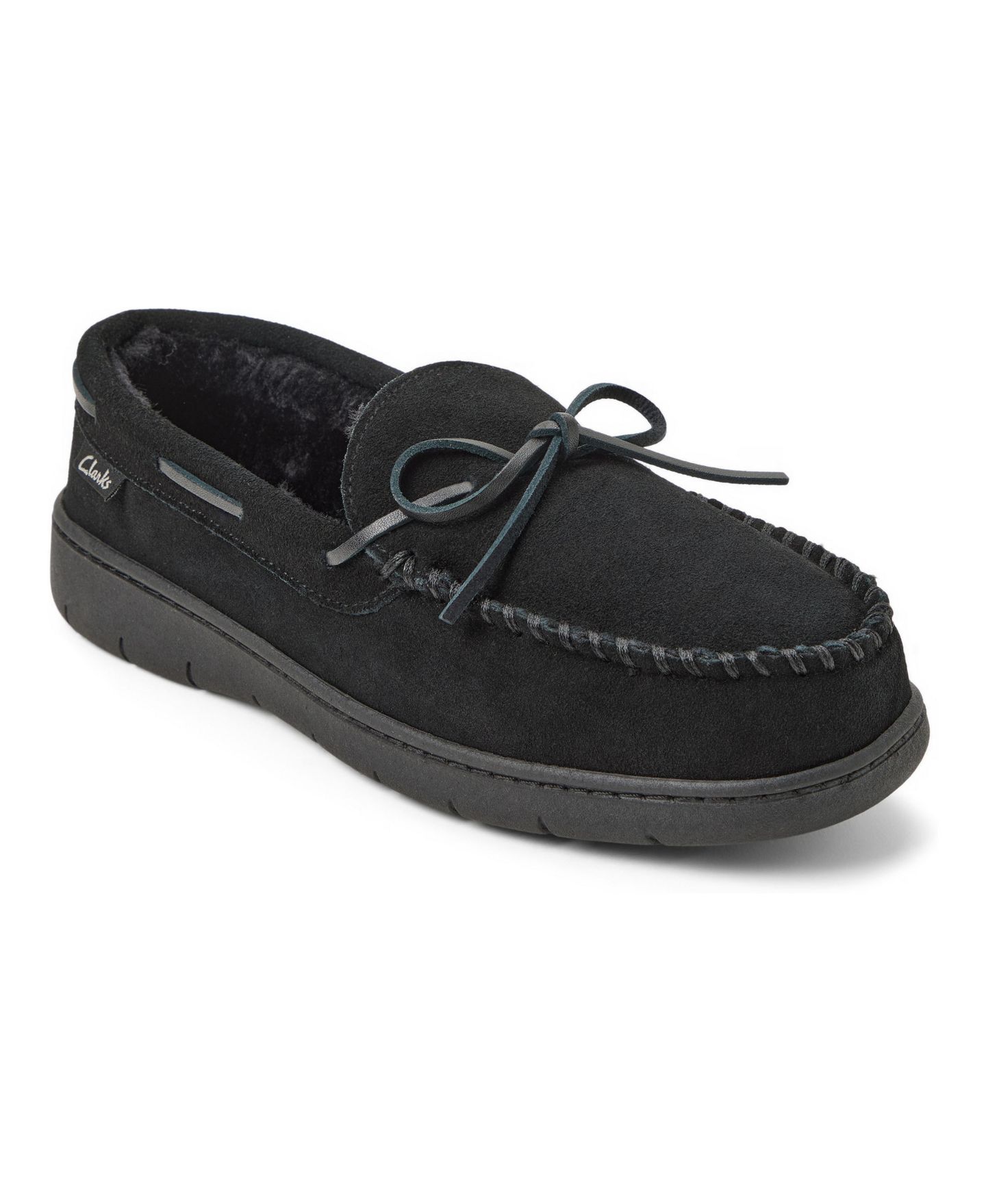 Мужские тапочки Clarks Genuine Cow Suede Moccasin With Leather Lacing And Tipped Faux Fur Slippers, цвет: Чёрный — фото 1