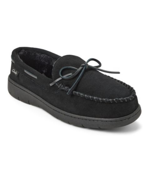 Мужские тапочки Clarks Genuine Cow Suede Moccasin With Leather Lacing And Tipped Faux Fur Slippers, цвет: Чёрный