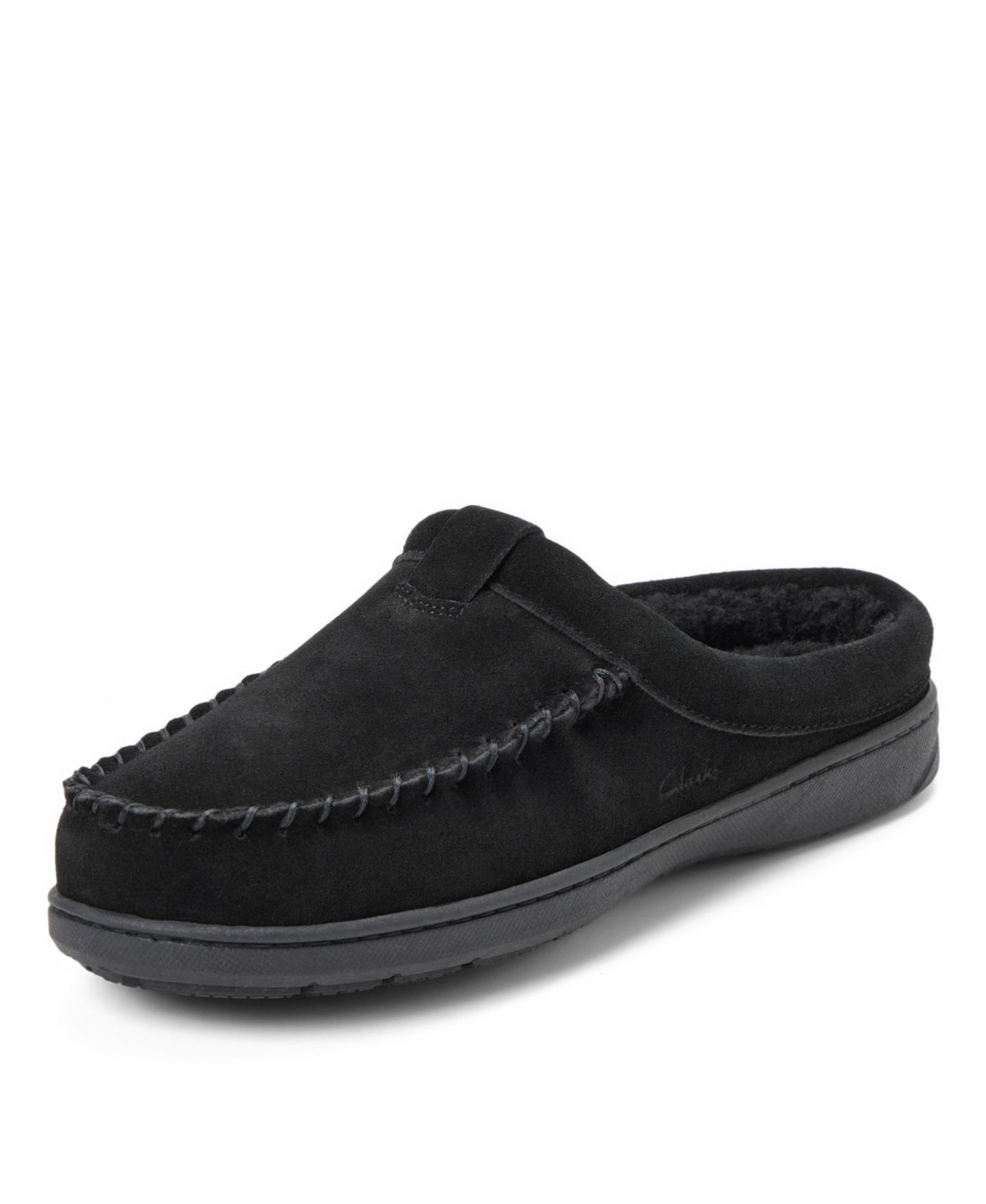 Мужские тапочки Clarks Cow Suede Memory Foam Moc Toe Slippers, цвет: Чёрный — фото 8