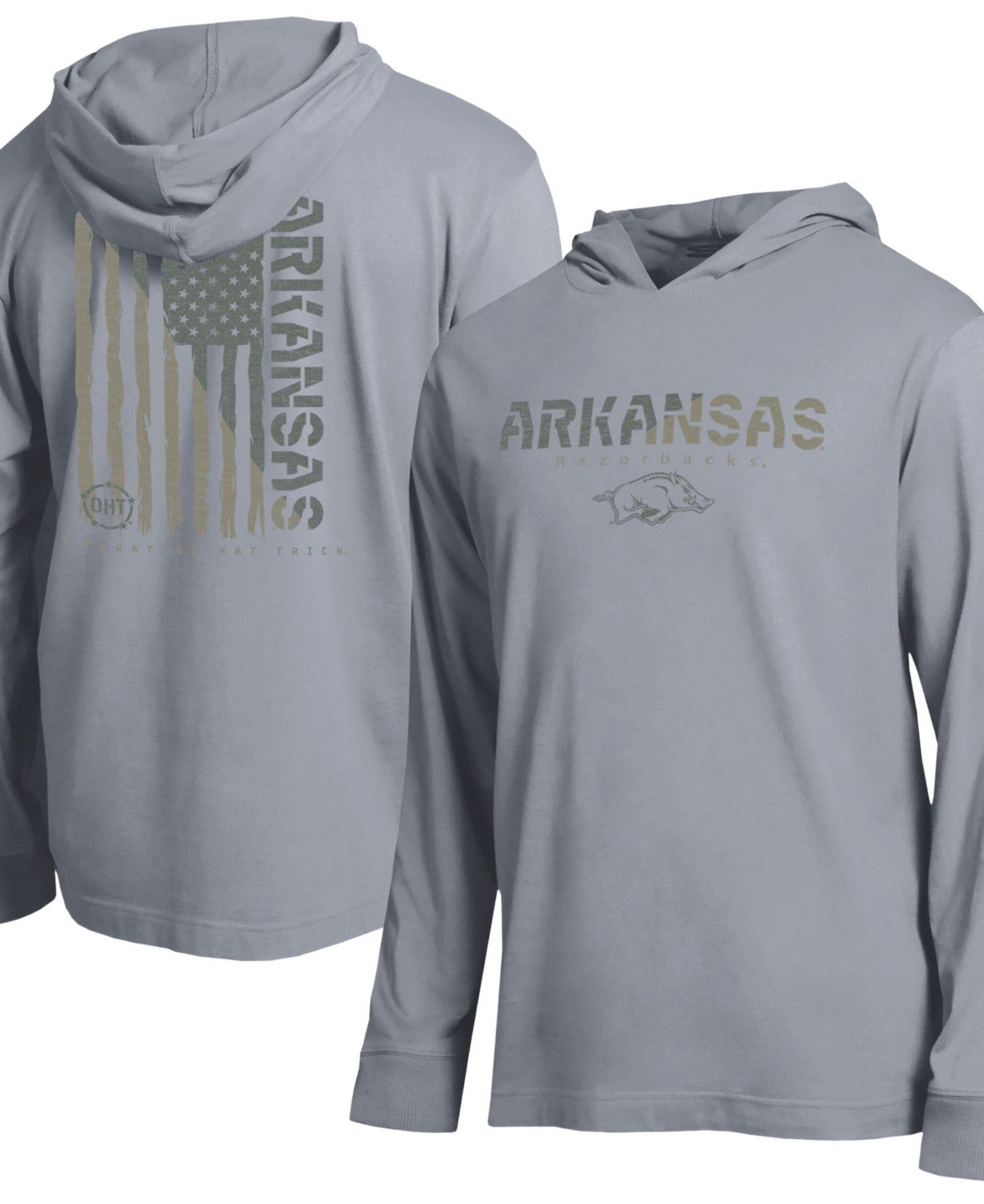 Мужская футболка Champion Heather Gray Arkansas Razorbacks Operation Hat Trick Flag Hooded Long-Sleeves — фото 1