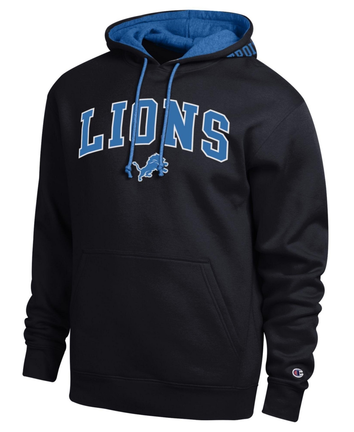 Champion Men's Black/Blue Detroit Lions Contrast Hoodie - Black, Blue