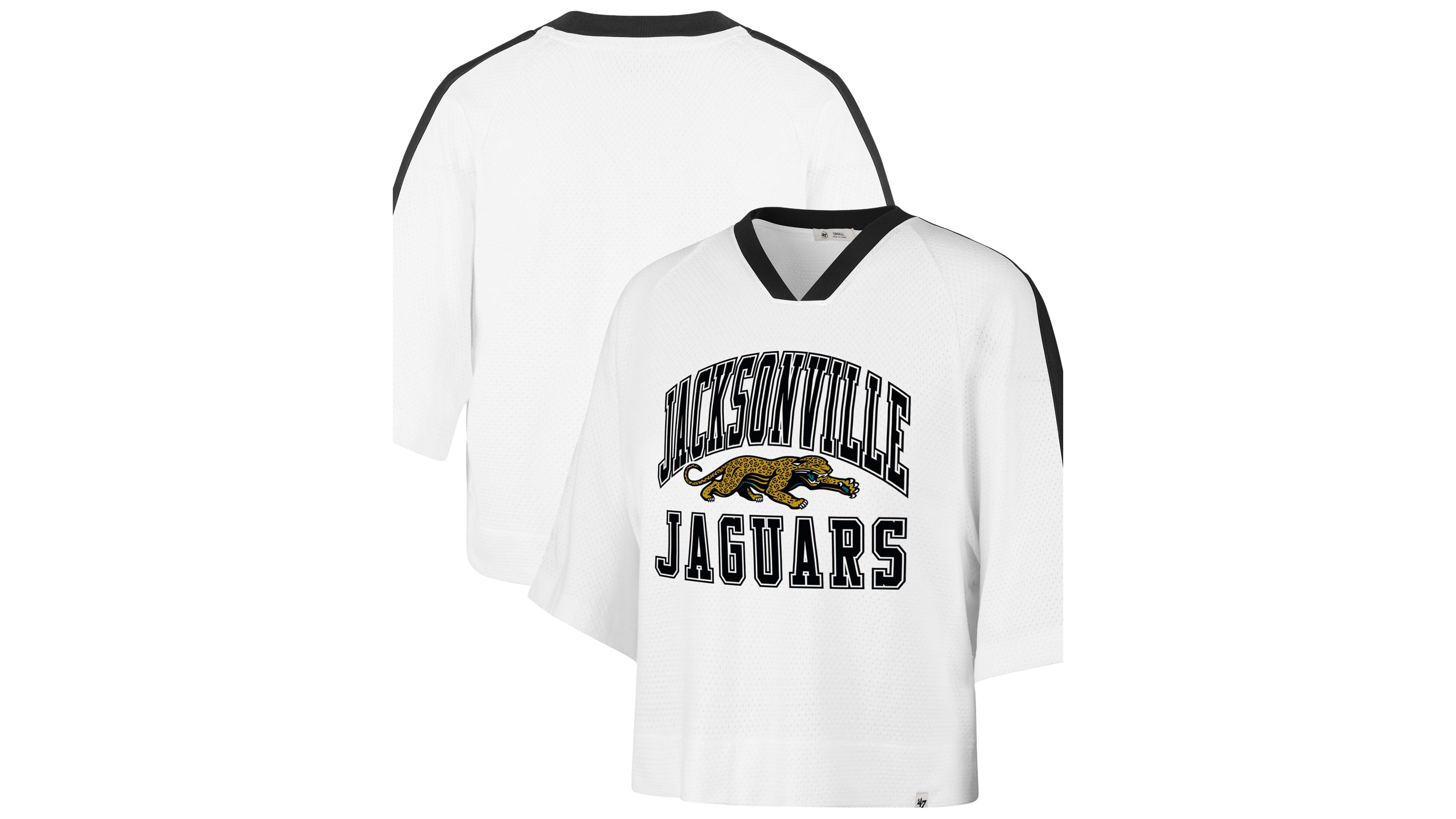 '47 Brand Women's White Jacksonville Jaguars Big Overarch Drop Needle Raglan V-Neck T-Shirt