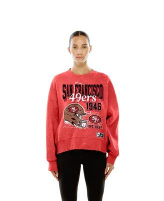 Women's Scarlet San Francisco 49ers Throwback Mineral Wash Boxy Fleece Crewneck Sweatshirt