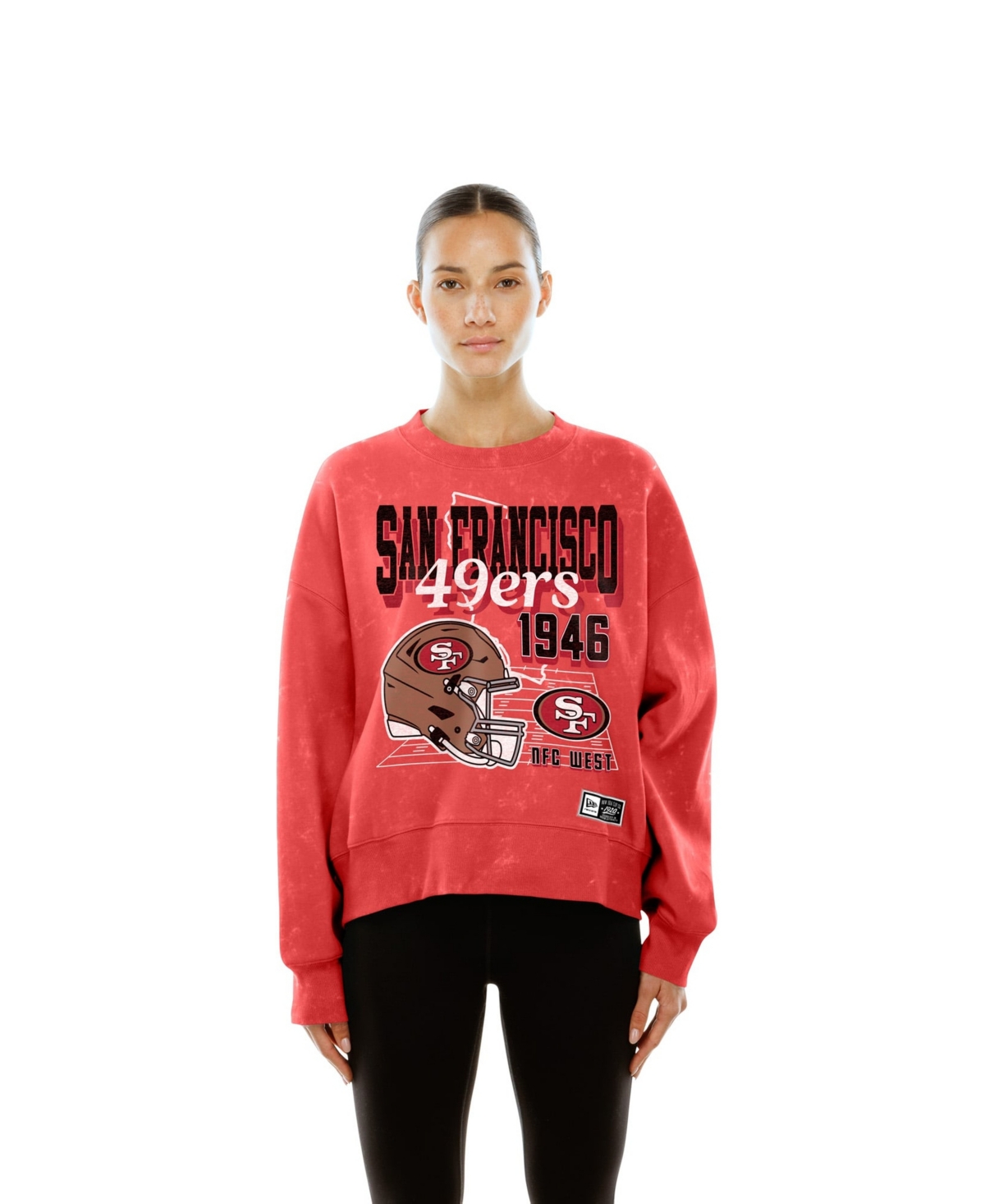 New Era Women's Scarlet San Francisco 49ers Throwback Mineral Wash Boxy Fleece Crewneck Sweatshirt - Scarlet
