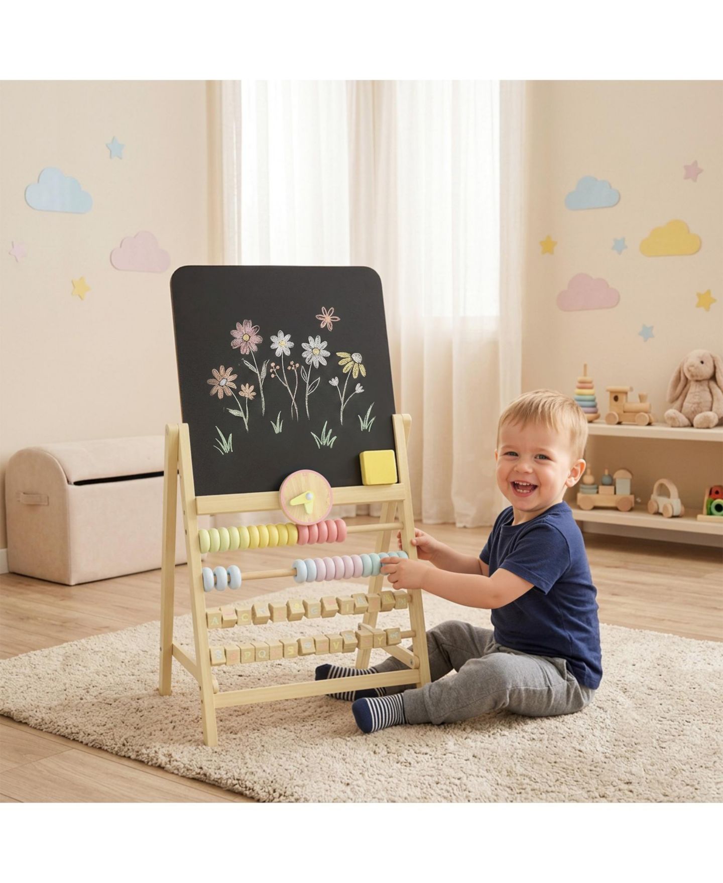 Детская игрушка Glintex Art Easel with Double-Sided Chalkboard, Clock and Abacus, Ages 2+, цвет: Натуральный — фото 3