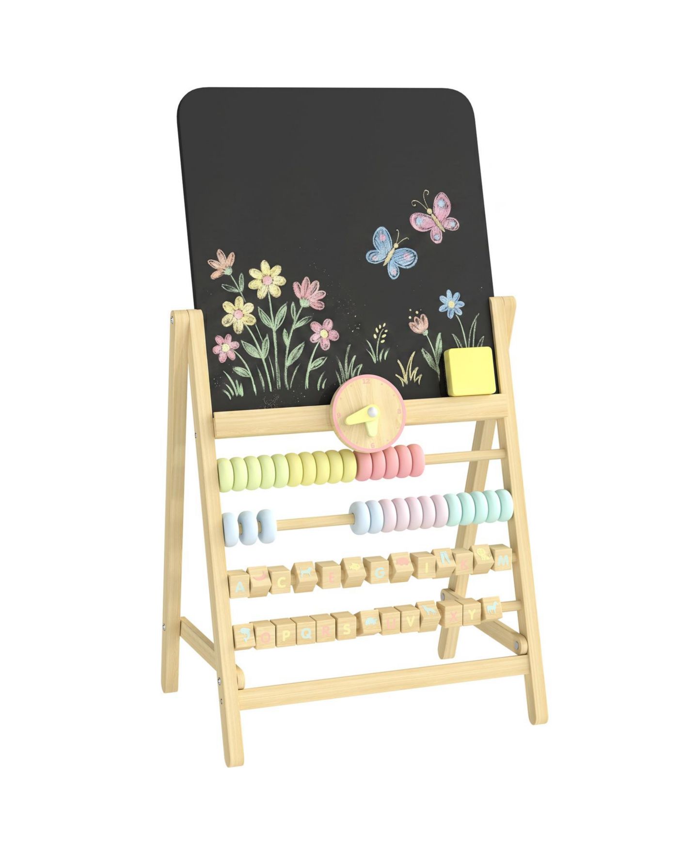 Детская игрушка Glintex Art Easel with Double-Sided Chalkboard, Clock and Abacus, Ages 2+, цвет: Натуральный — фото 1