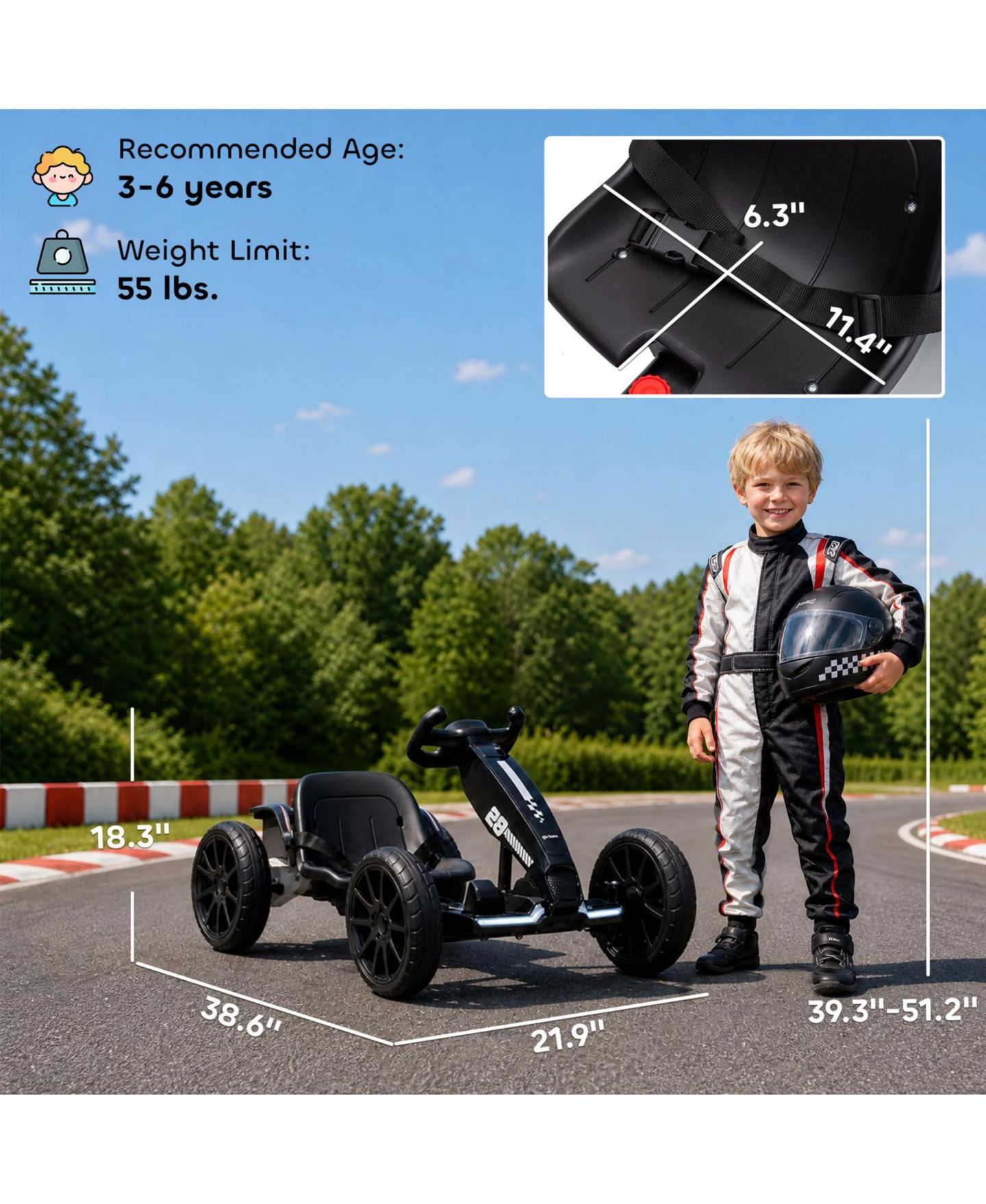 Детская игрушка Glintex 12V Electric Go Kart with Four Length Settings and LED Headlights, Up to 25 kg, 3–6 лет, цвет: Чёрный — фото 4