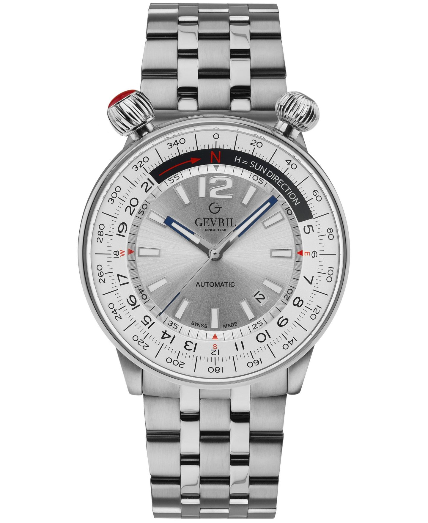 Мужские часы Gevril Wallabout Swiss Automatic Stainless Steel Bracelet Watch, 44mm, цвет: Нержавеющая сталь — фото 1
