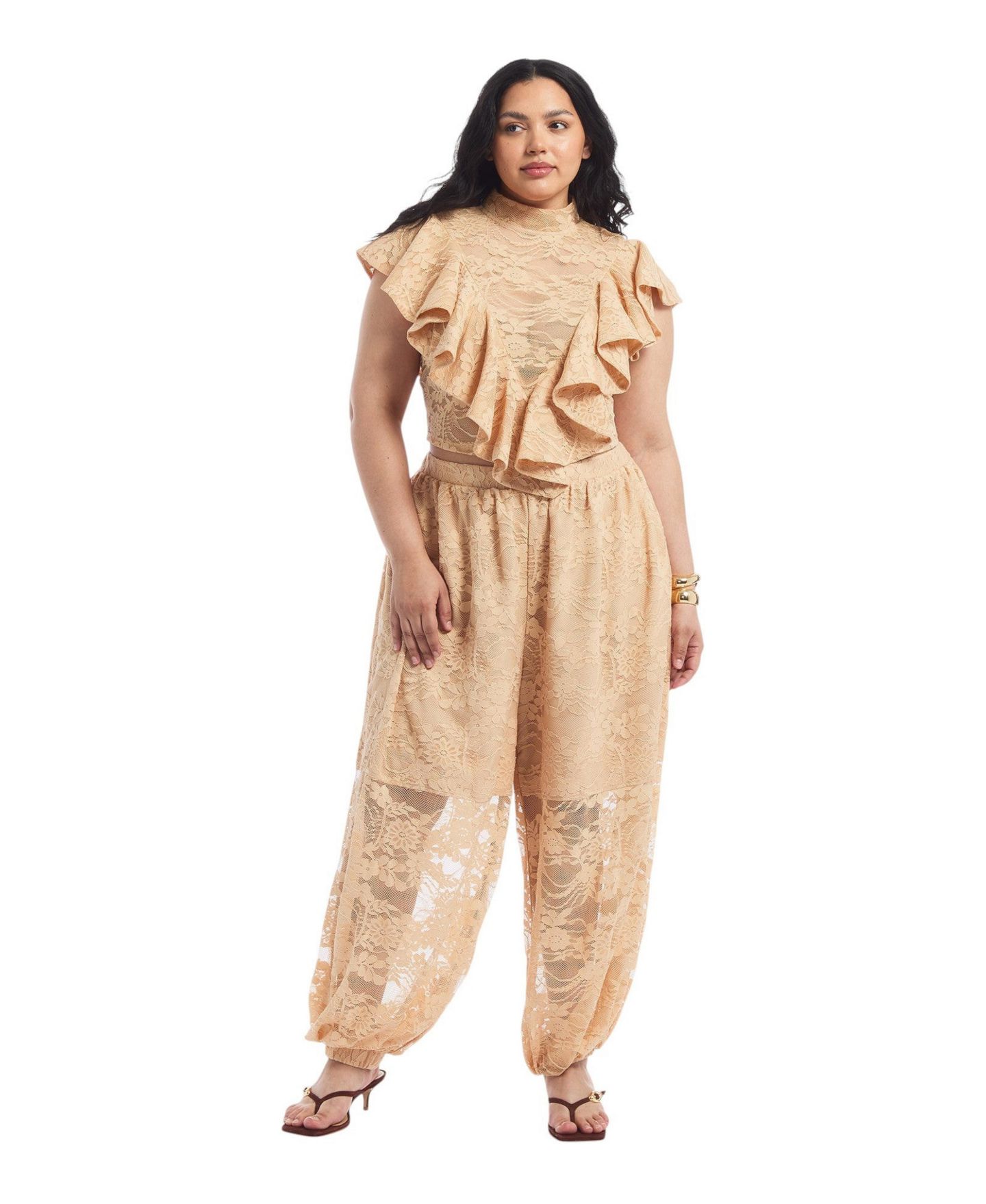Женский топ June & Vie Plus Size Floral Lace Ruffle Mock-Neck — фото 2