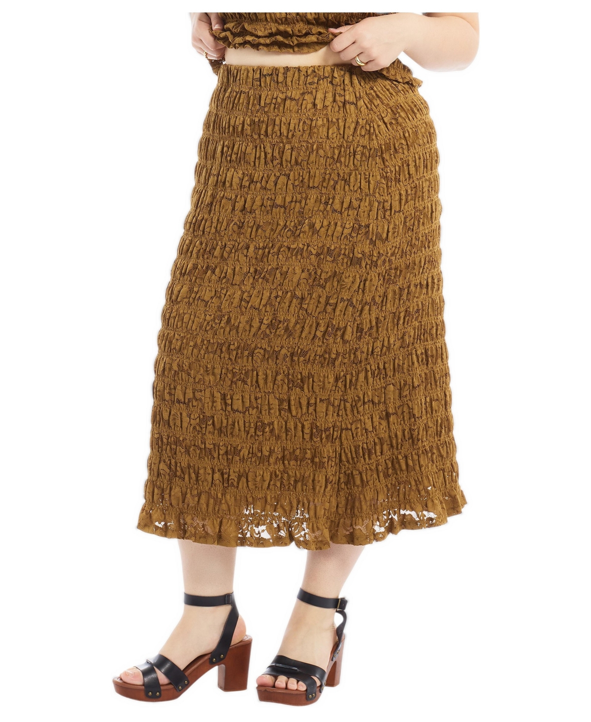 June & Vie Plus Size Smocked Lace Knit A-Line Pull-On Midi Skirt - Garden olive