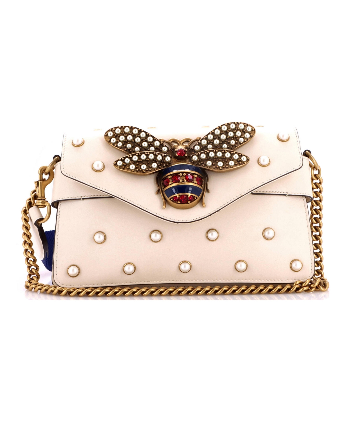 Pre-Owned Gucci Mini Broadway Pearly Bee Shoulder Bag Embellished Leather - Natural