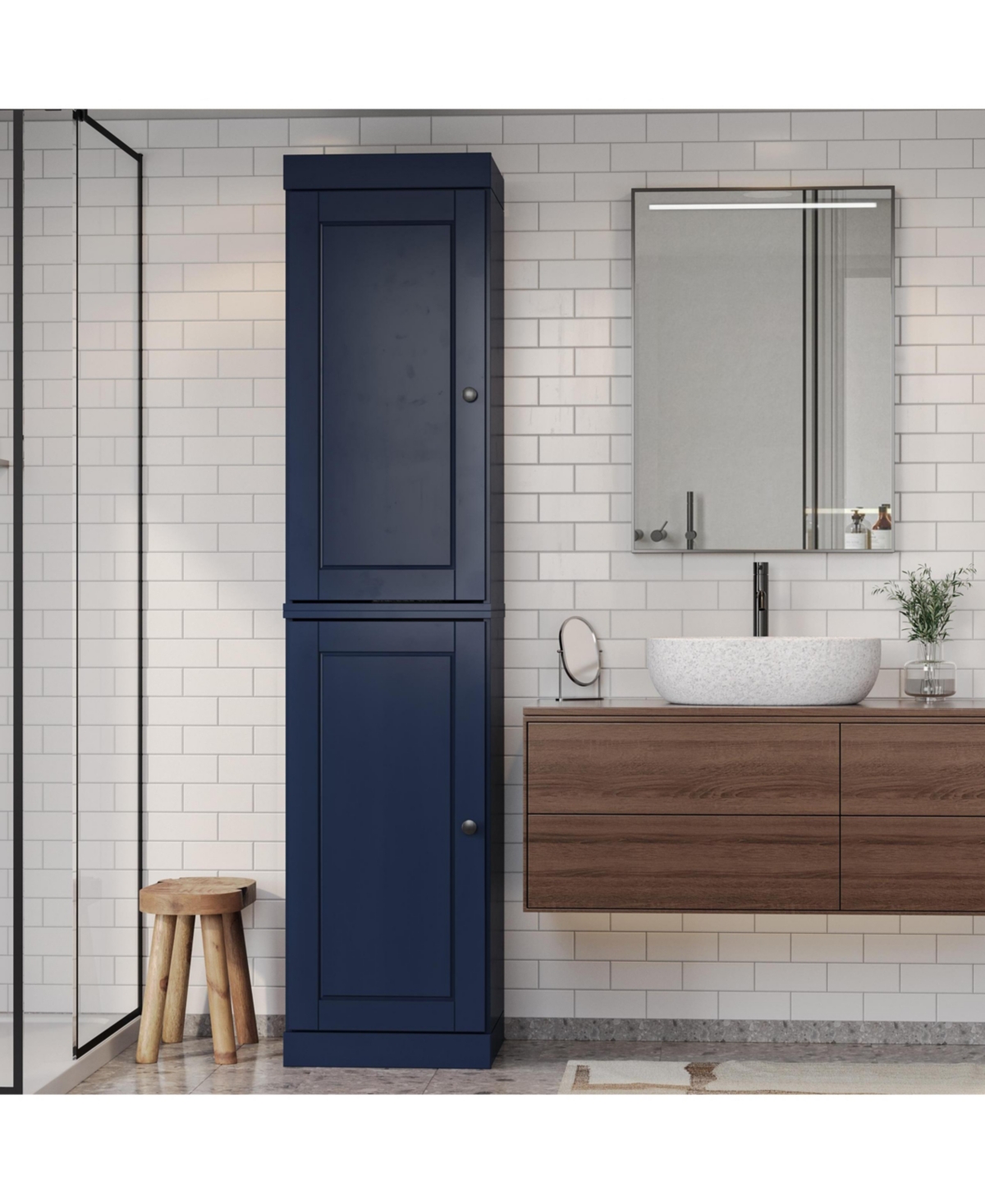 Palace Imports Solid Wood Tall Freestanding Modular Bathroom Linen Storage Cabinet, Raised Panel Doors, Adjustable Shelves - Navy blue