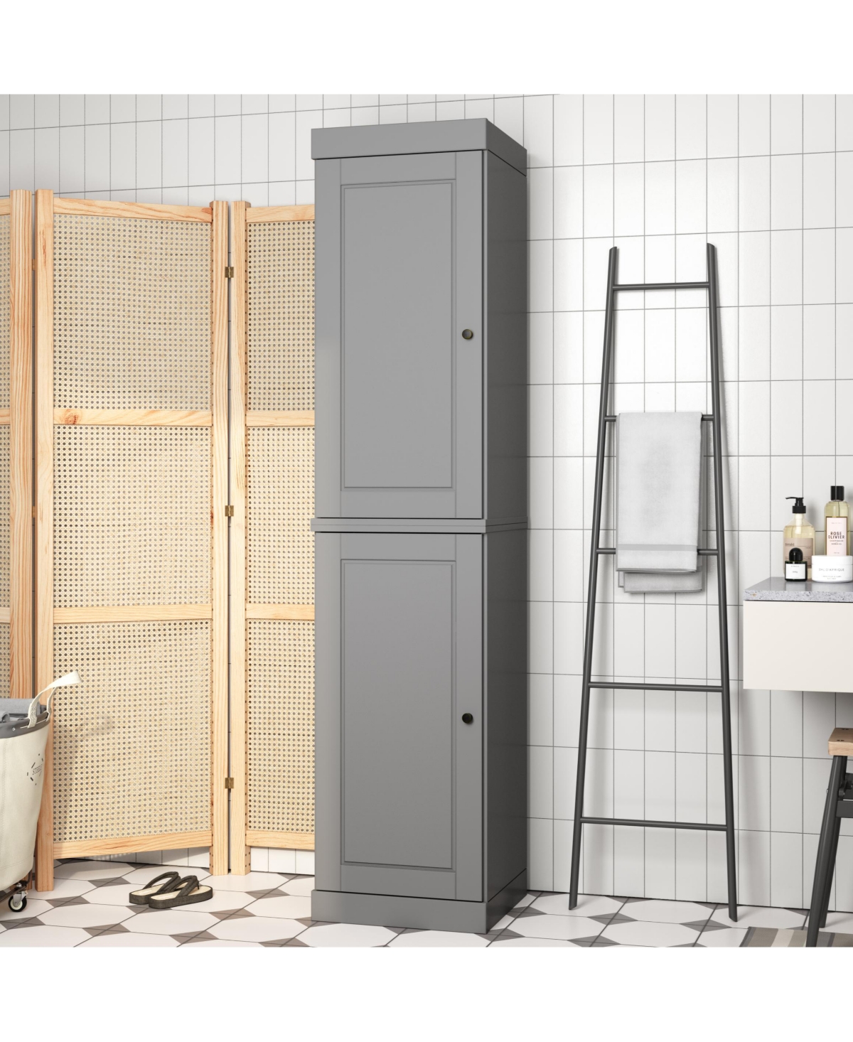 Palace Imports Solid Wood Tall Freestanding Modular Bathroom Linen Storage Cabinet, Raised Panel Doors, Adjustable Shelves - Gray