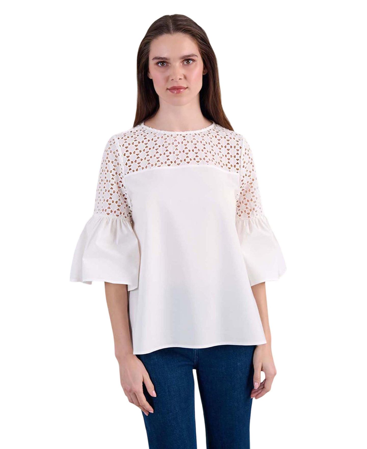Женская футболка Anne Fontaine Piper Bell-Sleeve Geometric Eyelet Cotton-Blend Poplin, цвет: Белый — фото 1