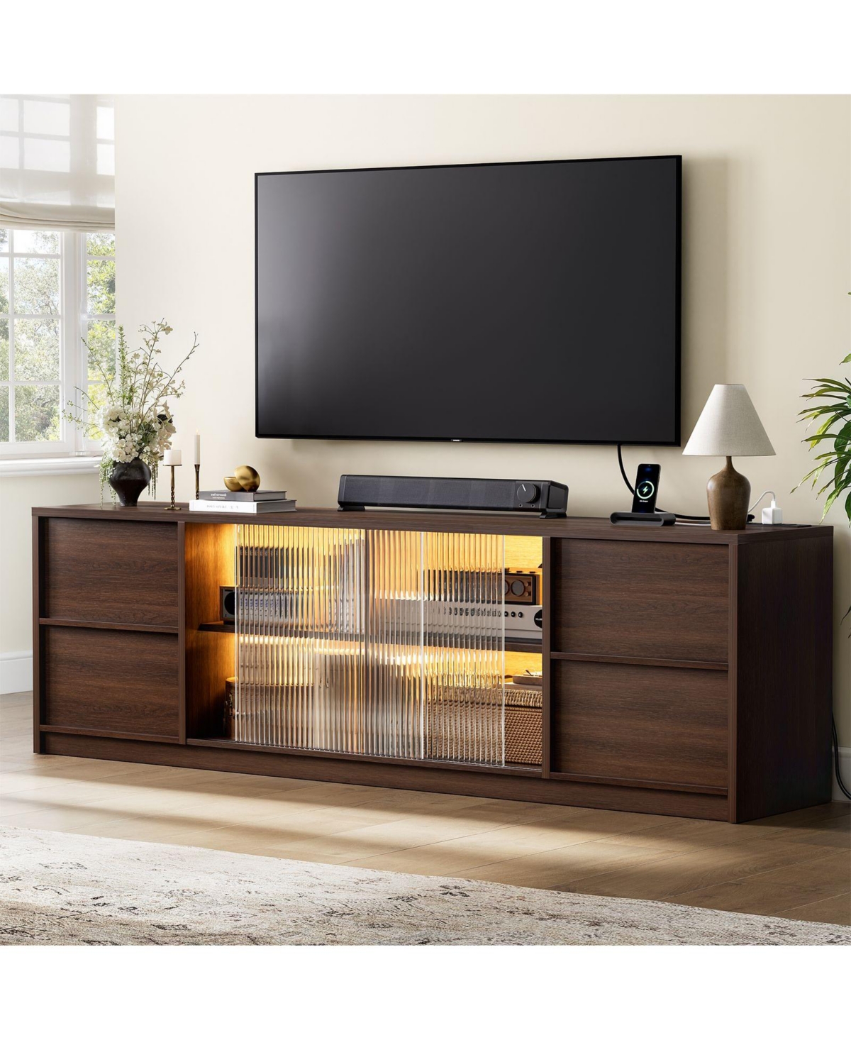 Hausource 67 Inch Tv Stand Media Console for TVs up to 70", App Controlled Led Light, Charging Station, 4 Drawers and Sliding Glass Door - Brown
