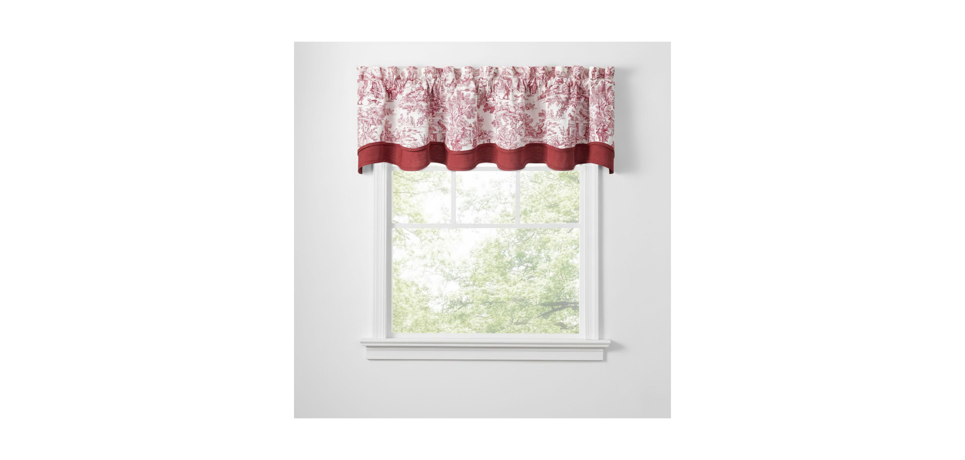 Ellis Curtain 100% Cotton Victoria Park Toile Bradford Shaped Window Valance With Print over Solid 70" x 15"