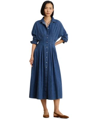 Women's Pleated Denim Long-Sleeve Shirtdress