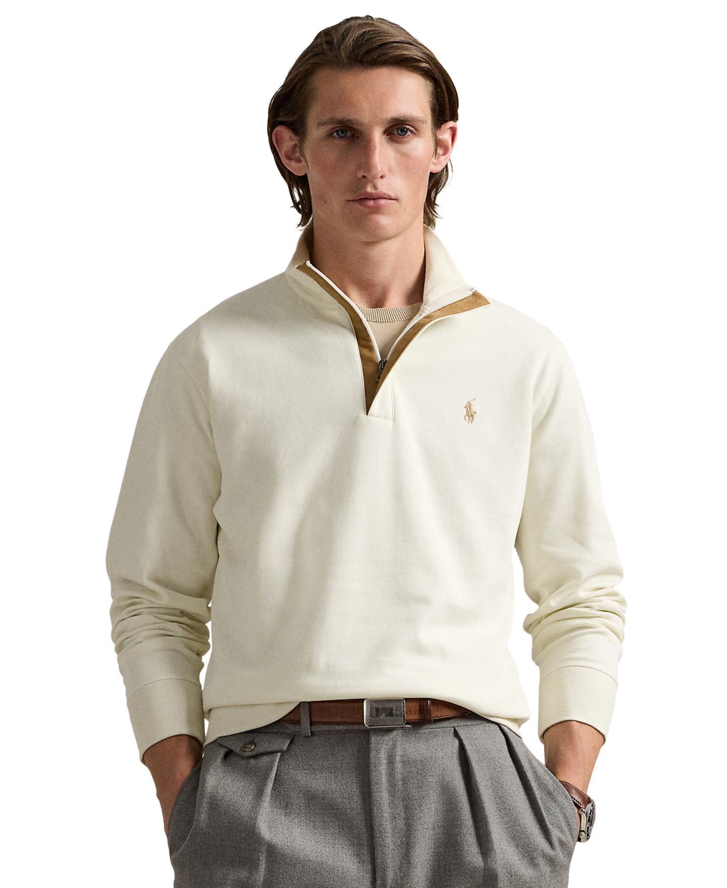 Мужской свитер Polo Ralph Lauren Luxury Jersey Quarter-Zip Pullover, цвет: Кремовый — фото 3