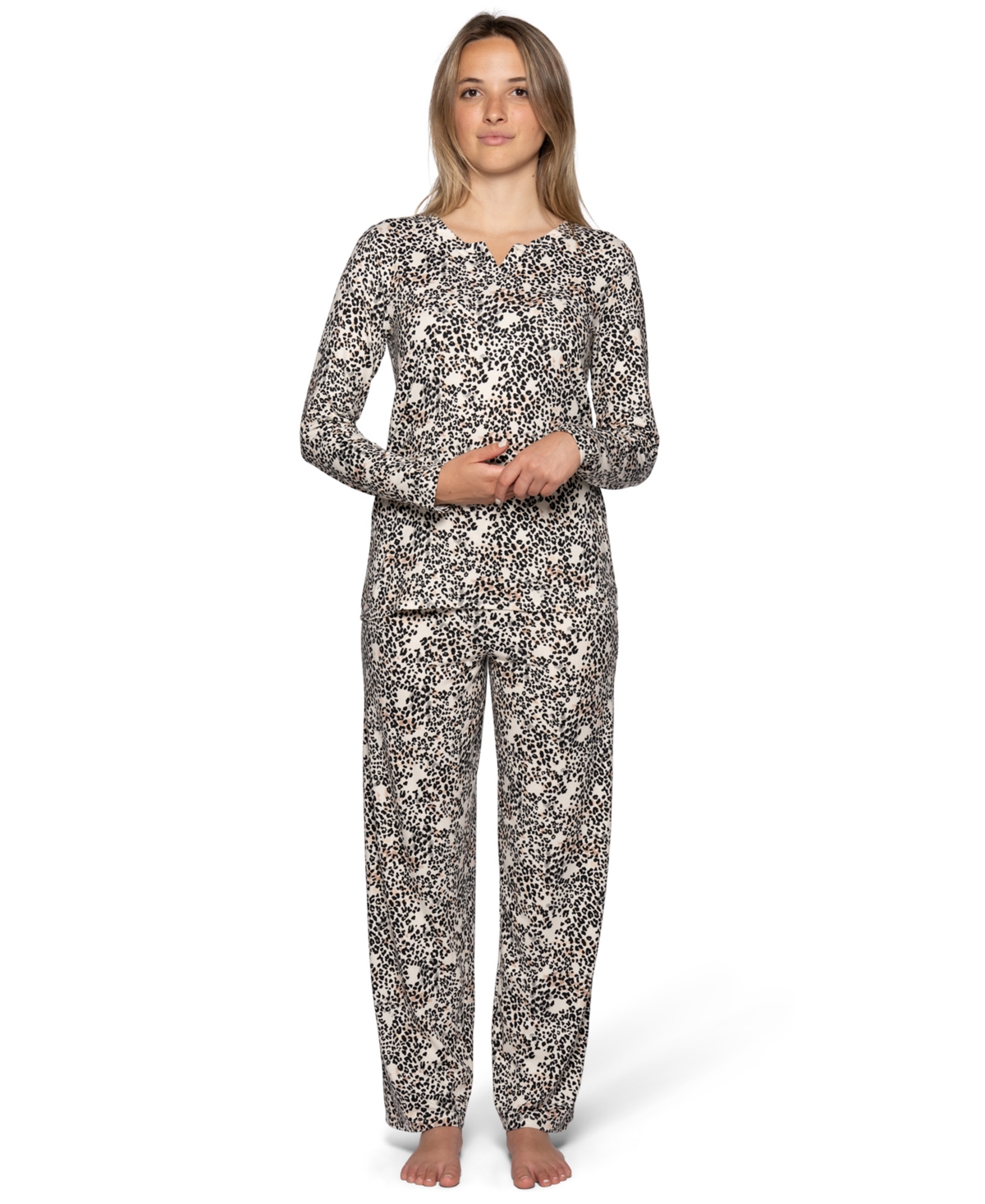 Hue Women's Timeless Notched V-Neckline Long-Sleeve Jersey Knit Top and Pants, 2-Piece Set - White Asparagus