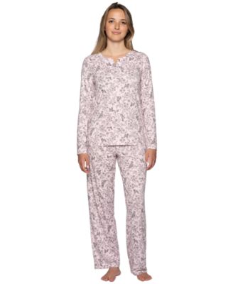 Women's Timeless Notched V-Neckline Long-Sleeve Jersey Knit Top and Pants, 2-Piece Set