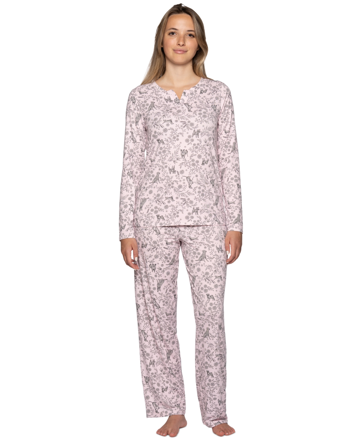 Hue Women's Timeless Notched V-Neckline Long-Sleeve Jersey Knit Top and Pants, 2-Piece Set