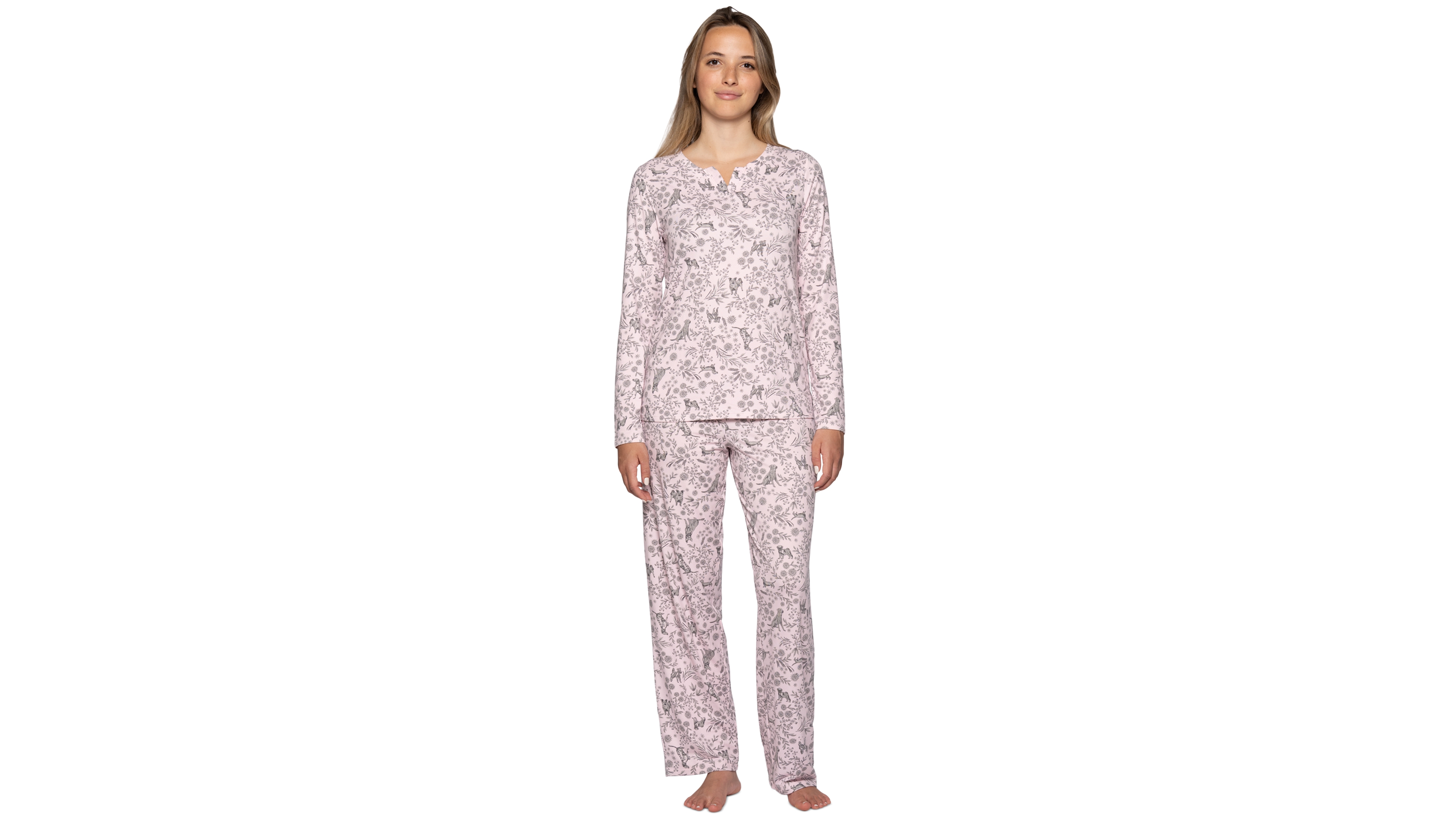 Hue Women's Timeless Notched V-Neckline Long-Sleeve Jersey Knit Top and Pants, 2-Piece Set