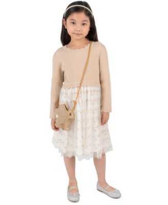 Girls' 2T-6X Glitter Star-Print Long-Sleeve Tutu Dress and Bag, 2-Piece Set
