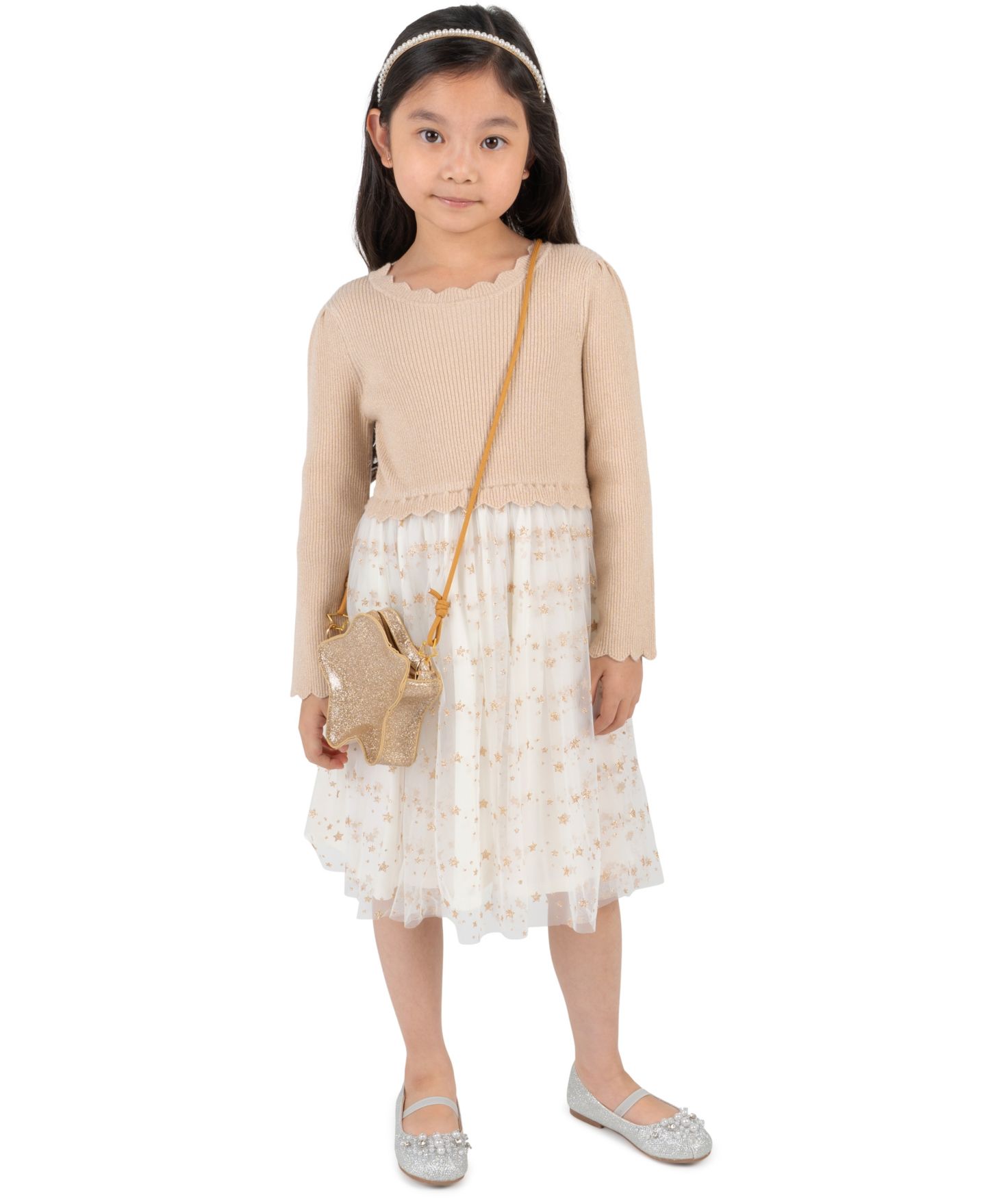 Платья Rare Editions Glitter Star-Print Long-Sleeve Tutu Dress and Bag, 2-Piece Set для девочек, цвет: Золотой — фото 1