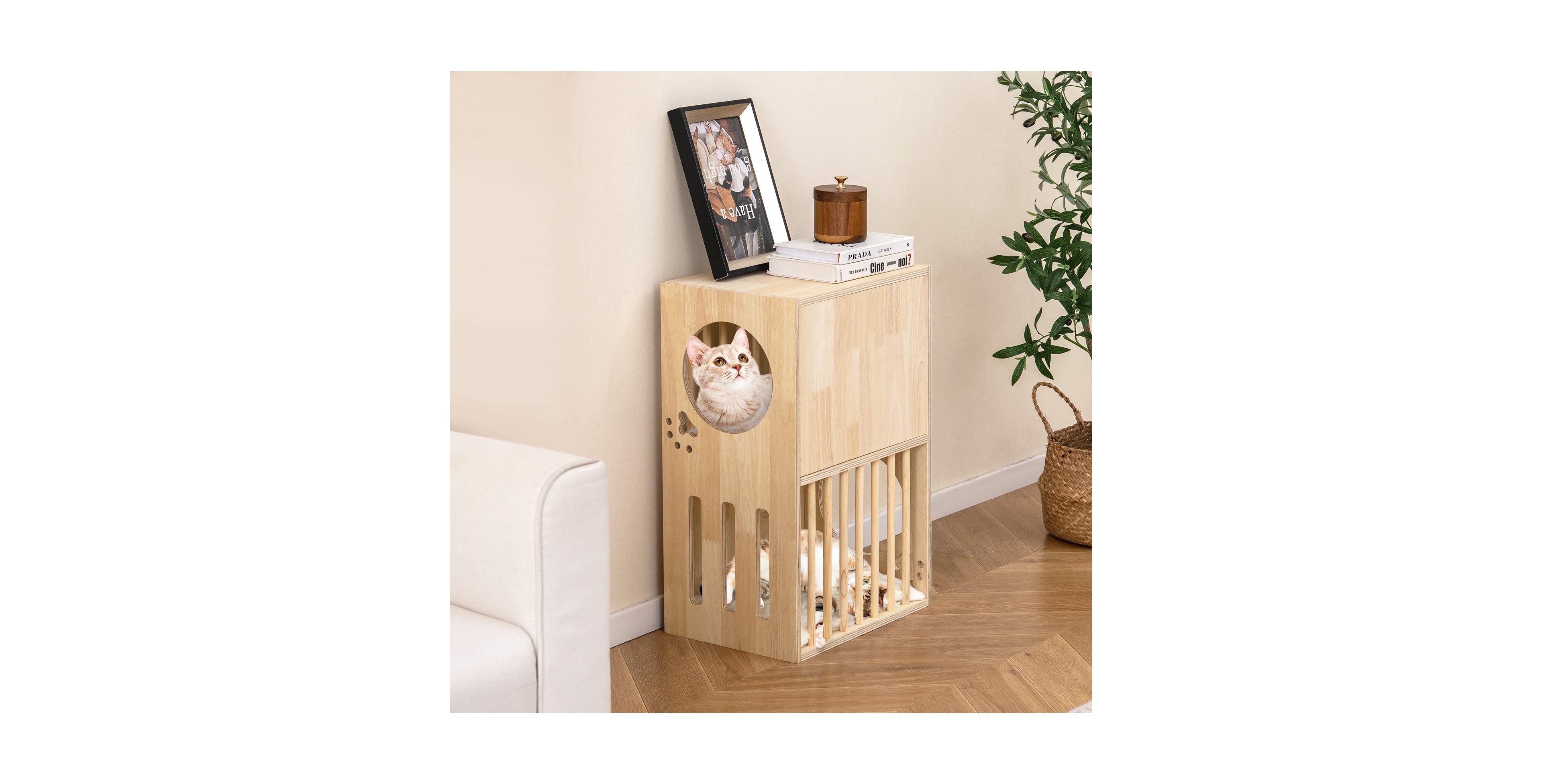 Zeny 2-Tier Wooden Cat Condo for Indoor Cats with Removable Cushions