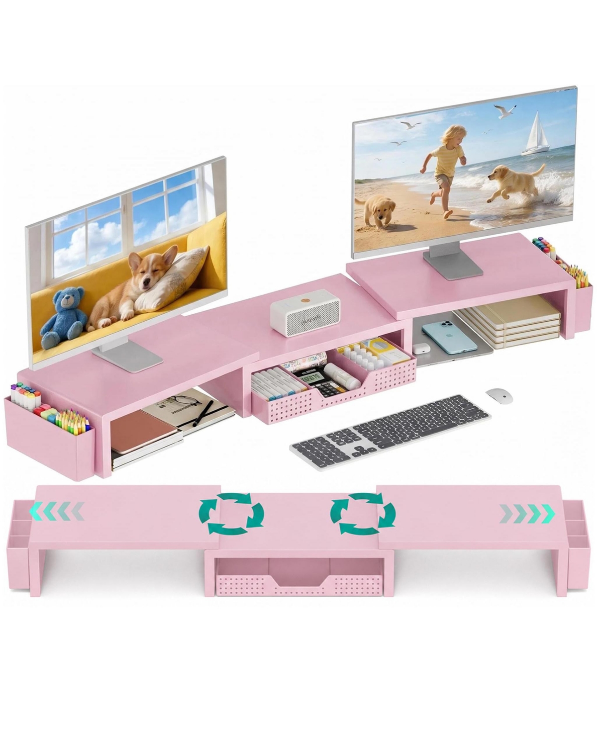 Four Candies 2 Tier Monitor Stand Riser With Drawer Pen Holders Desk Organizer For Office Supplies - Pink