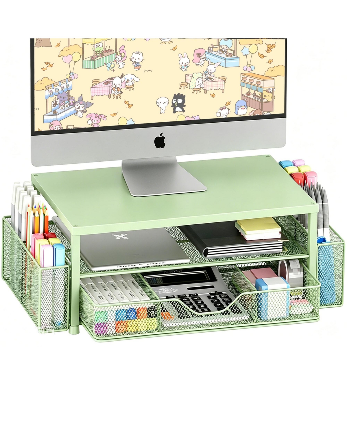 Four Candies 2 Tier Monitor Stand Riser With Drawer Pen Holders Desk Organizer For Office Supplies - Light green