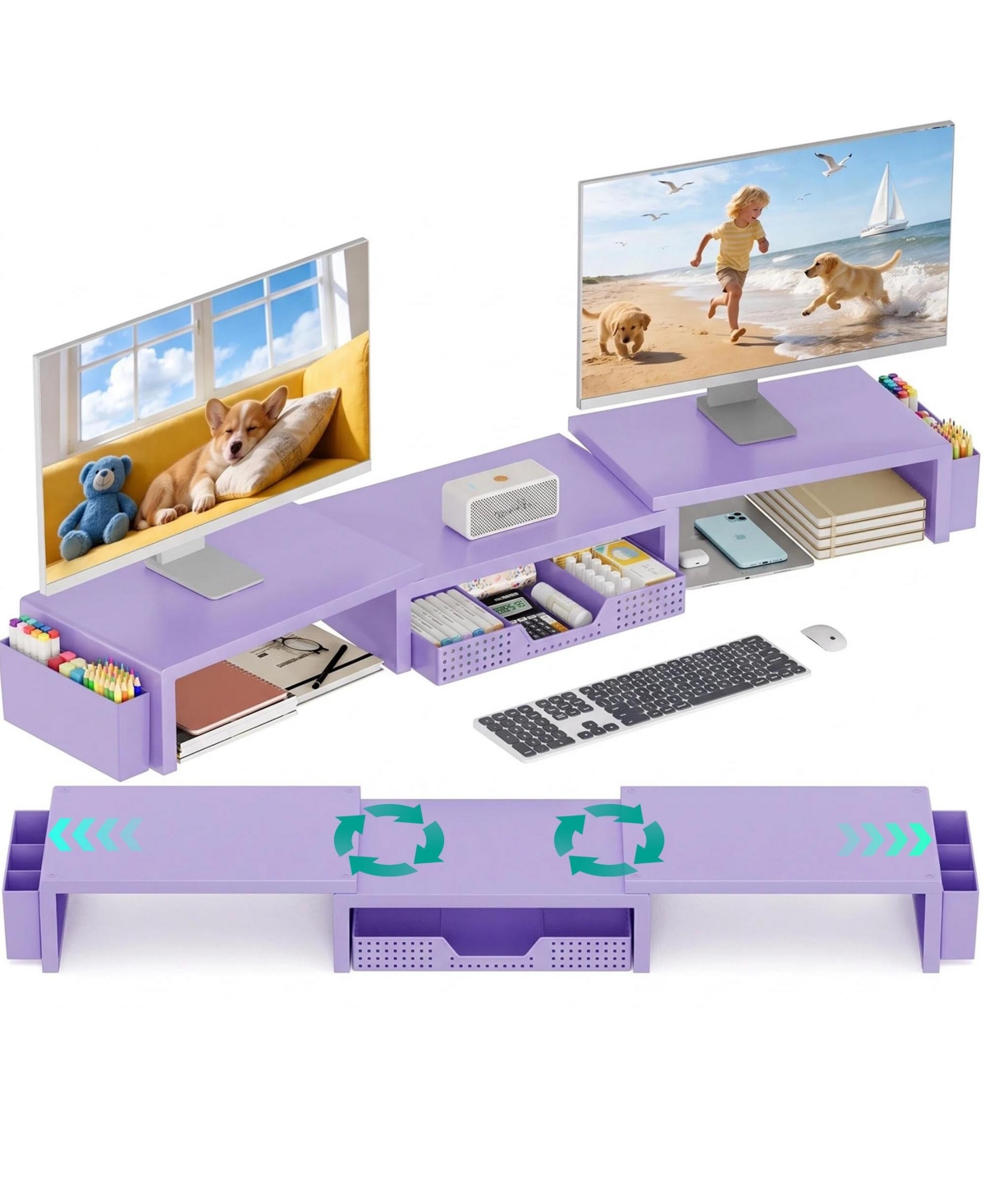 Four Candies 2 Tier Monitor Stand Riser With Drawer Pen Holders Desk Organizer For Office Supplies - Purple