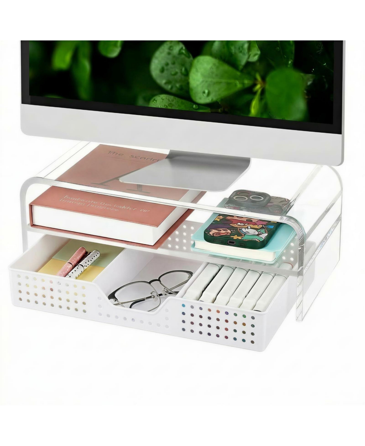 Four Candies 2 Tier Monitor Stand Riser With Drawer Pen Holders Desk Organizer For Office Supplies - Pastel Pink