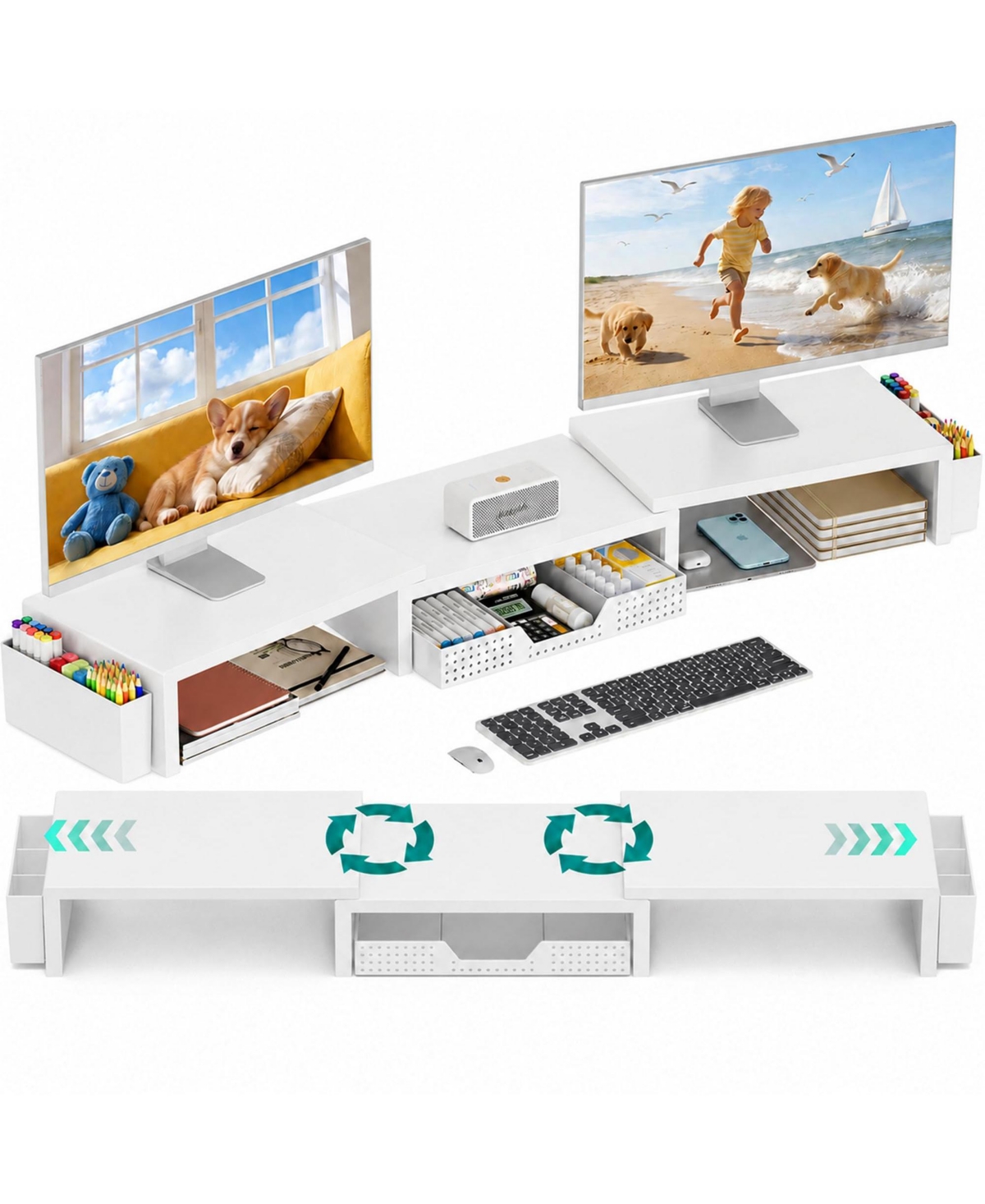 Four Candies 2 Tier Monitor Stand Riser With Drawer Pen Holders Desk Organizer For Office Supplies - White
