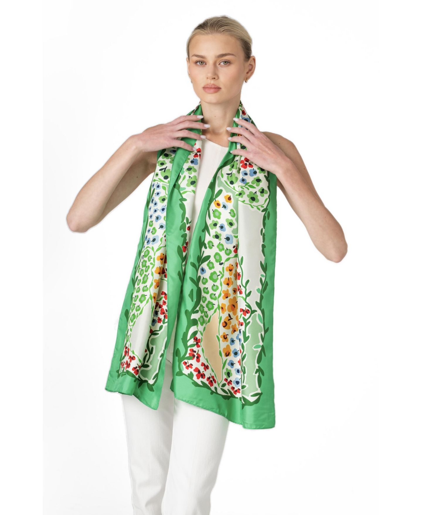 Женский шарф Jessie Zhao New York Garden Floral-Print Double-Sided Silk, цвет: Зелёный — фото 2