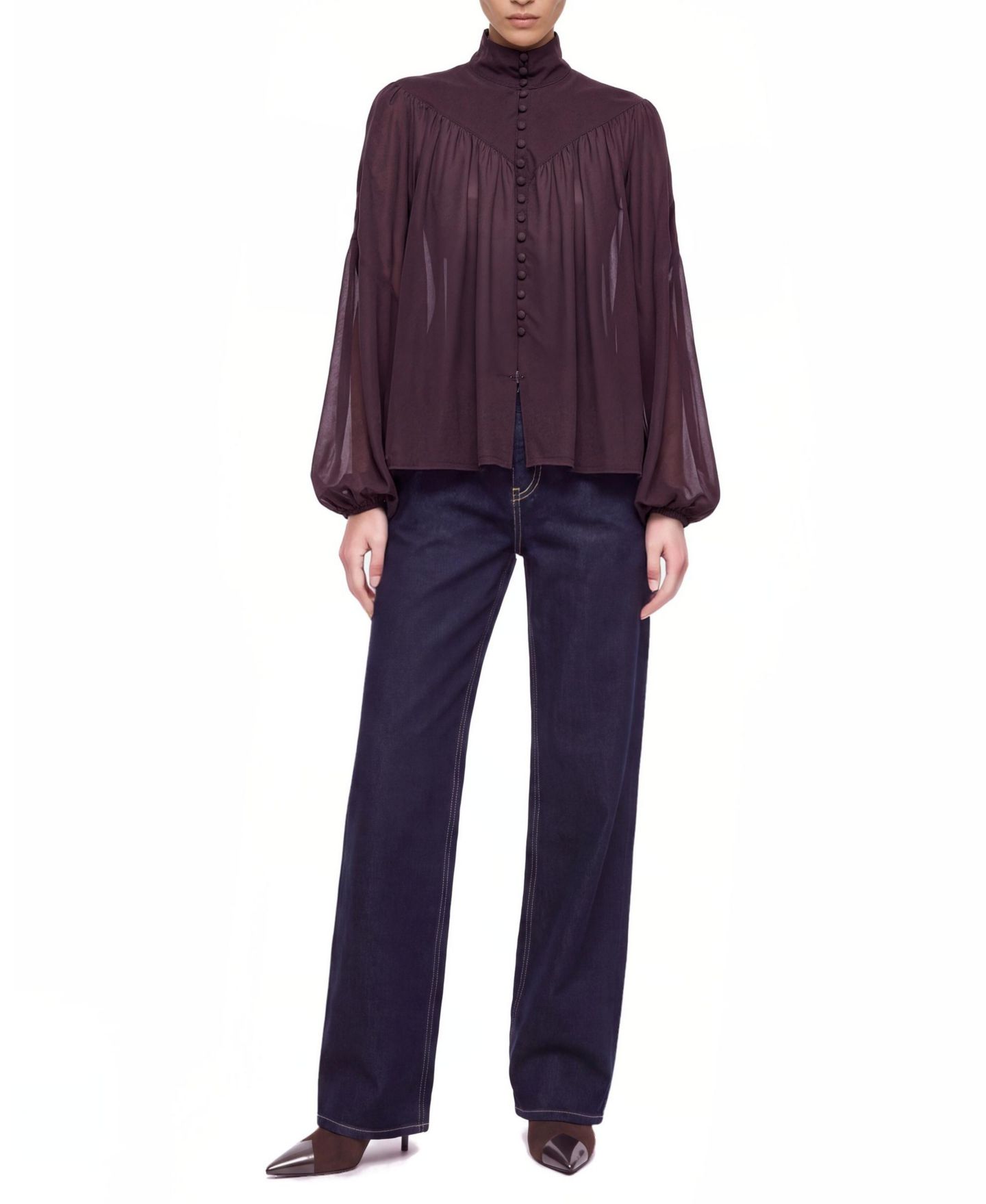Женская блузка NOCTURNE Stand Collar Long-Sleeve Sheer, цвет: Коричневый — фото 2